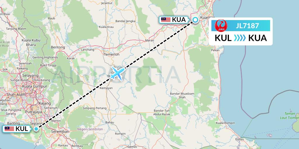 JL7187 Japan Airlines Flight Map: Kuala Lumpur to Kuantan