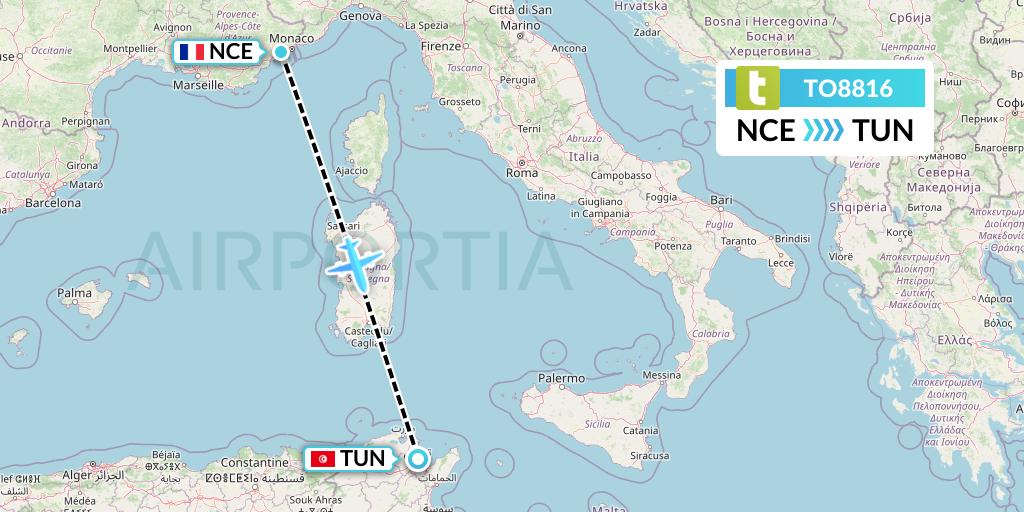 TO8816 Transavia France Flight Map: Nice to Tunis