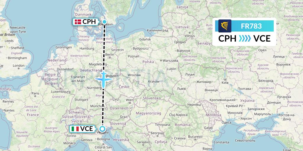 FR783 Ryanair Flight Map: Copenhagen to Venice