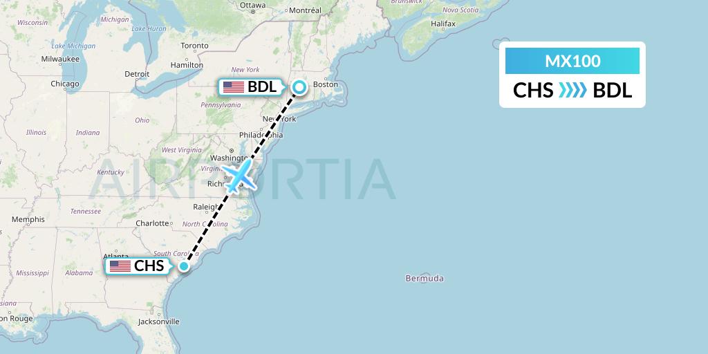 MX100 Breeze Airways Flight Map: Charleston to Windsor Locks