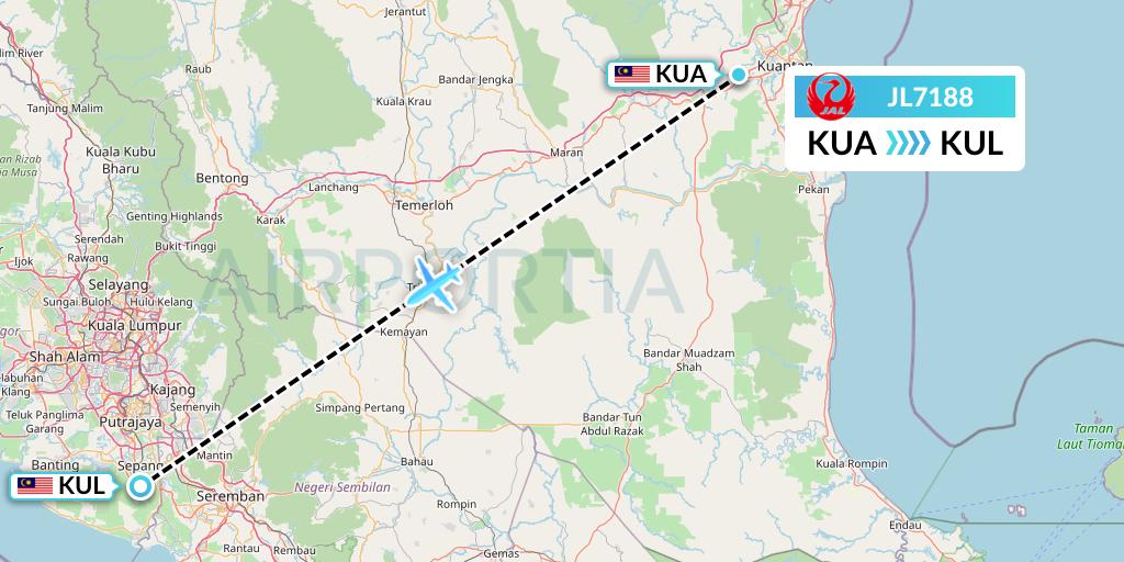 JL7188 Japan Airlines Flight Map: Kuantan to Kuala Lumpur
