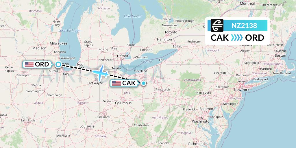 NZ2138 Air New Zealand Flight Map: Akron to Chicago