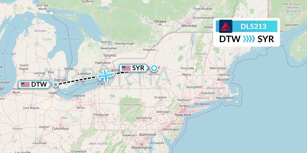DL5213 Delta Air Lines Flight Map: Detroit to Syracuse