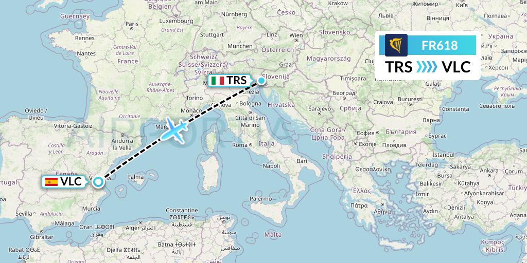 FR618 Ryanair Flight Map: Trieste to Valencia