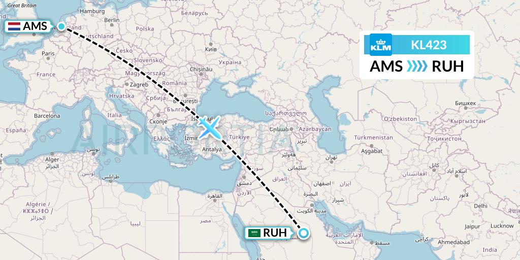KL423 KLM Flight Map: Amsterdam to Riyadh