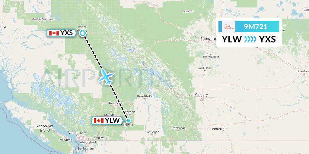 9M721 Central Mountain Air Flight Map: Kelowna to Prince George
