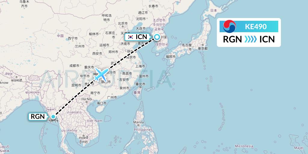 KE490 Korean Air Flight Map: Yangon to Seoul