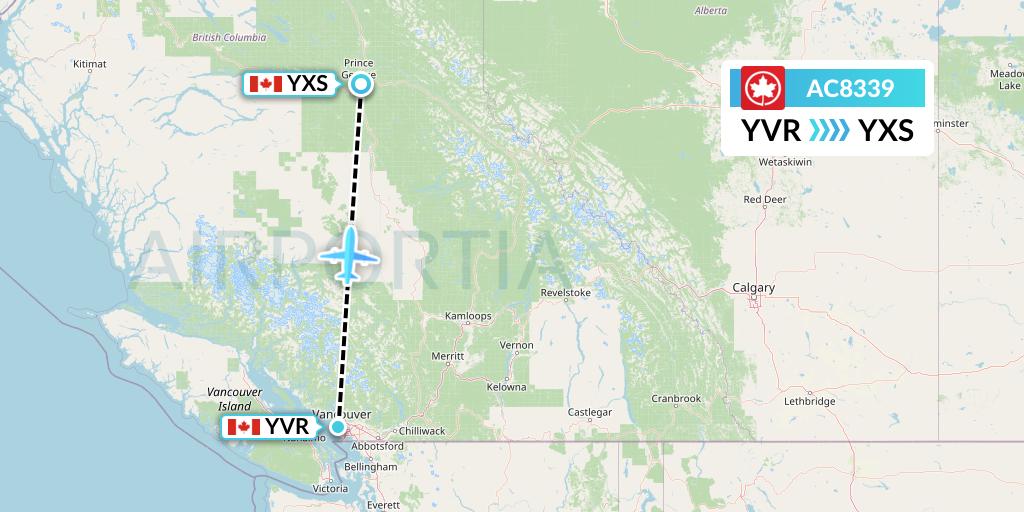 AC8339 Air Canada Flight Map: Vancouver to Prince George