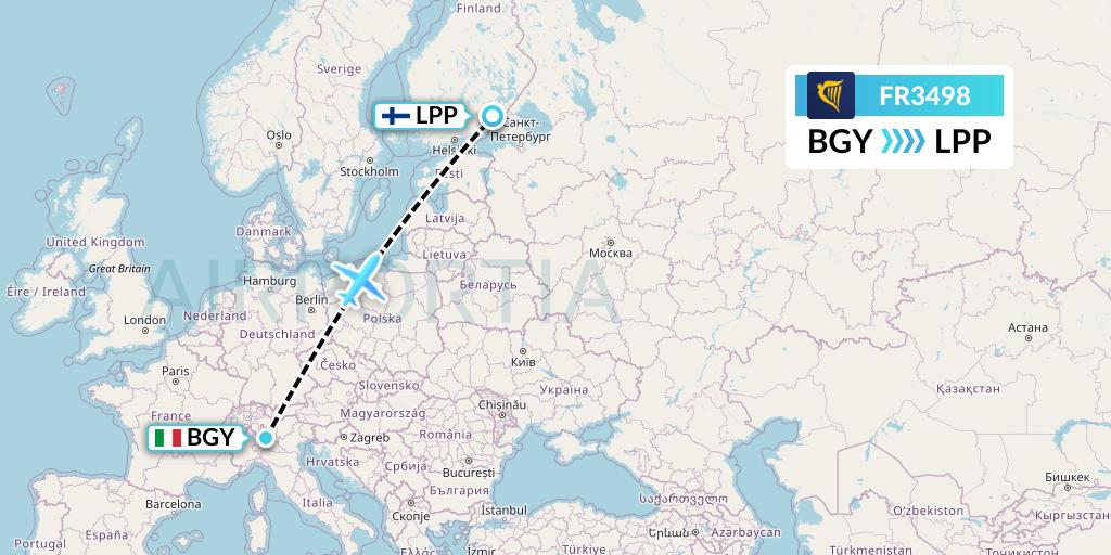 FR3498 Ryanair Flight Map: Milan to Lappeenranta