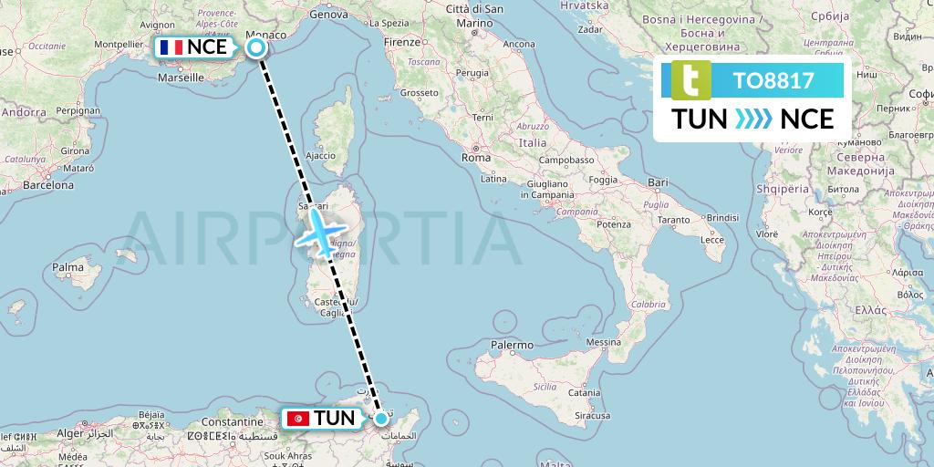 TO8817 Transavia France Flight Map: Tunis to Nice