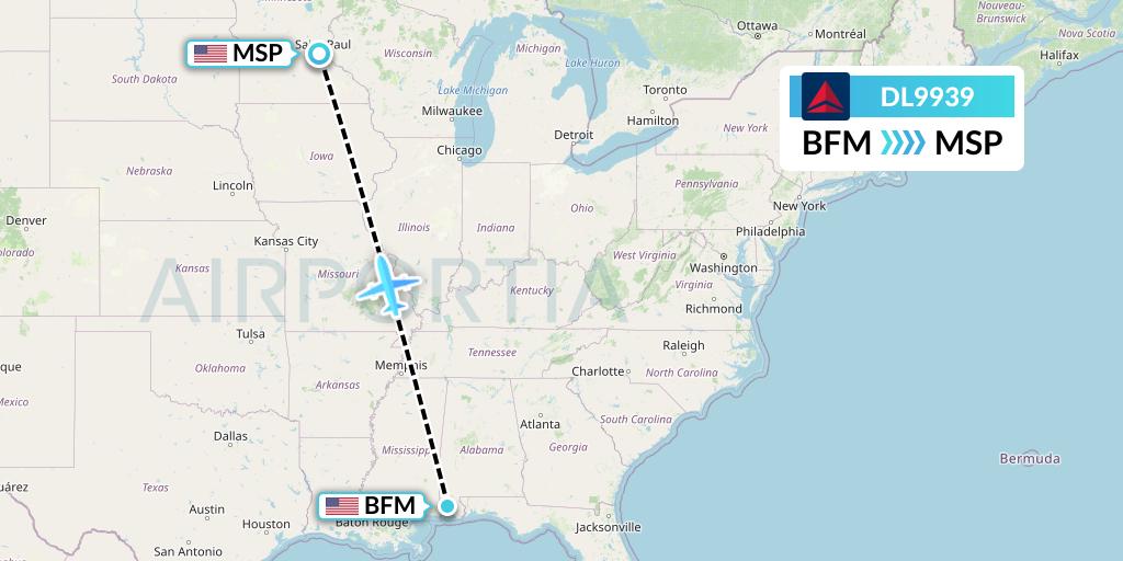 DL9939 Delta Air Lines Flight Map: Mobile to Minneapolis