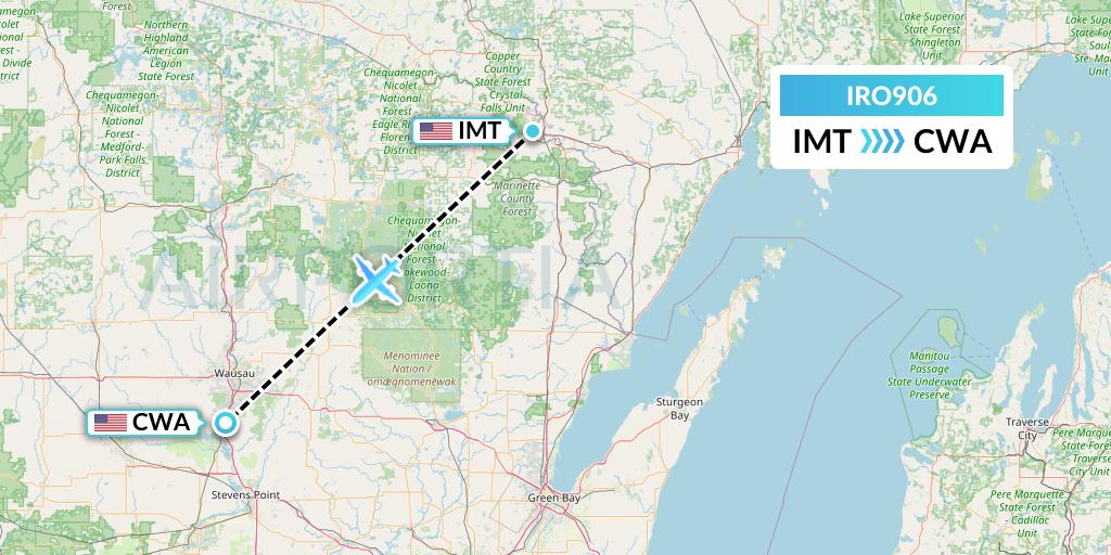 IRO906 CSA Air Flight Map: Iron Mountain Kingsford to Wausau