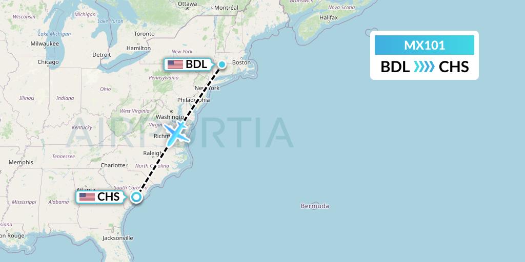 MX101 Breeze Airways Flight Map: Windsor Locks to Charleston