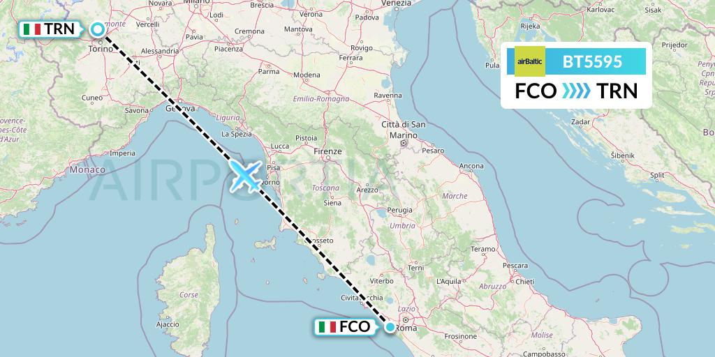 BT5595 Air Baltic Flight Map: Rome to Turin