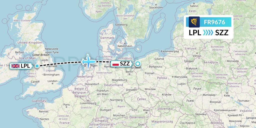 FR9676 Ryanair Flight Map: Liverpool to Szczecin
