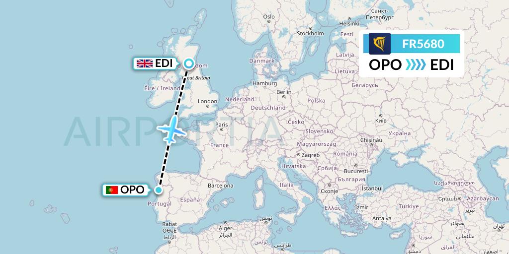 FR5680 Ryanair Flight Map: Porto to Edinburgh