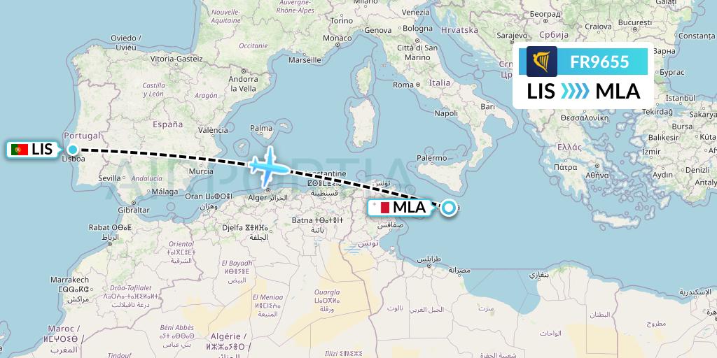 FR9655 Ryanair Flight Map: Lisbon to Malta