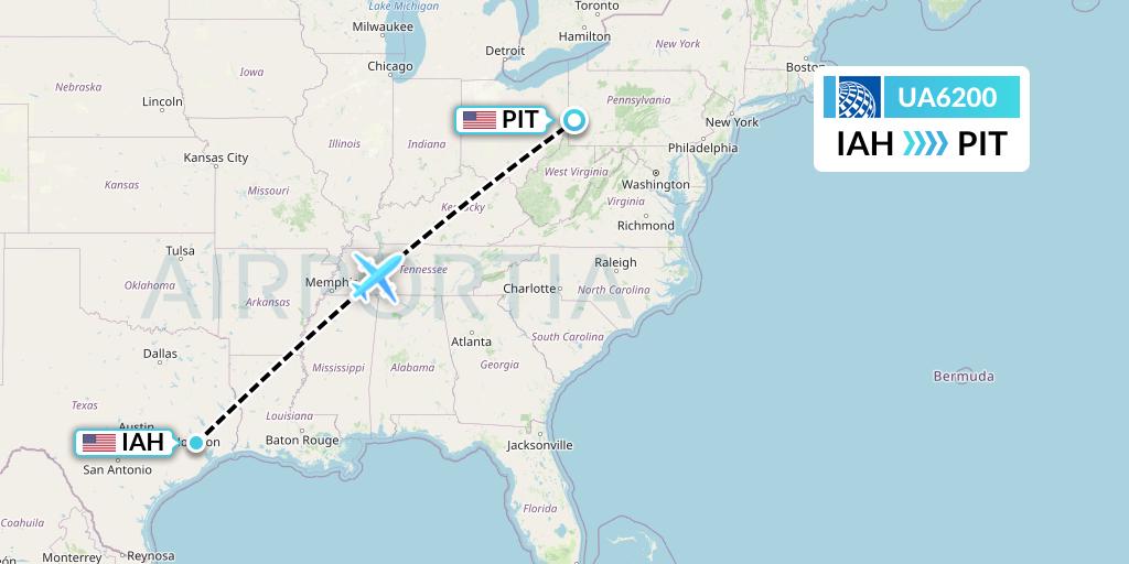 UA6200 United Airlines Flight Map: Houston to Pittsburgh