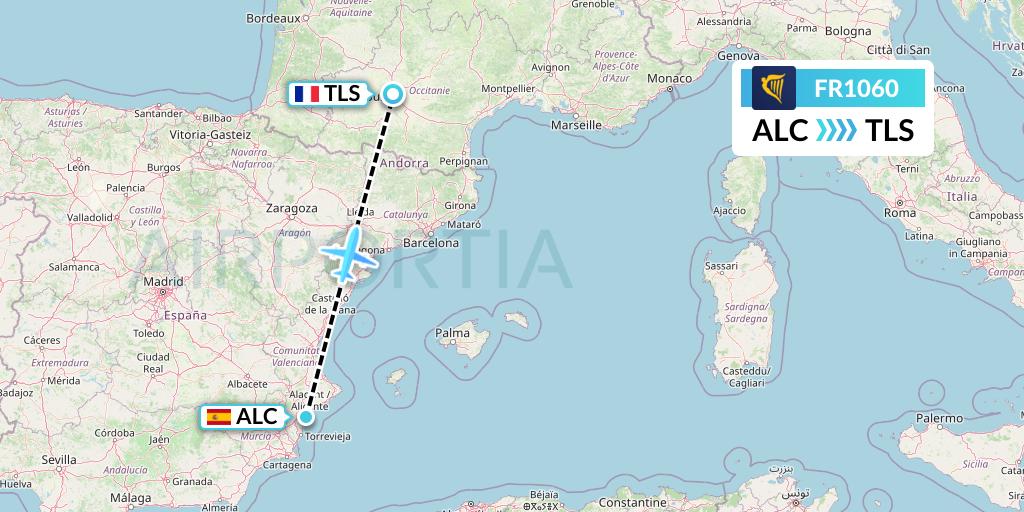 FR1060 Ryanair Flight Map: Alicante to Toulouse