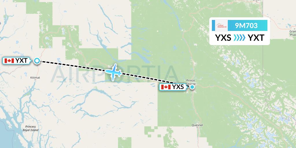 9M703 Central Mountain Air Flight Map: Prince George to Terrace