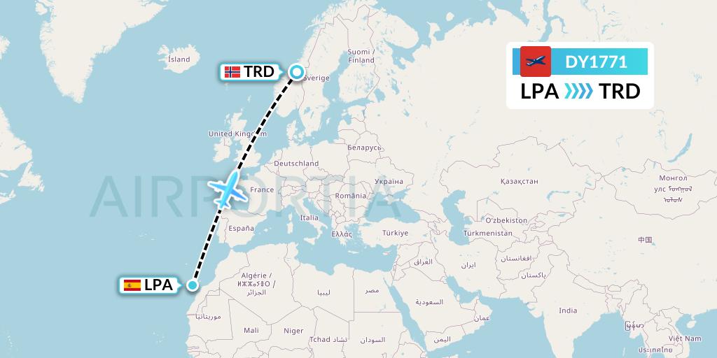 DY1771 Norwegian Flight Map: Las Palmas to Trondheim