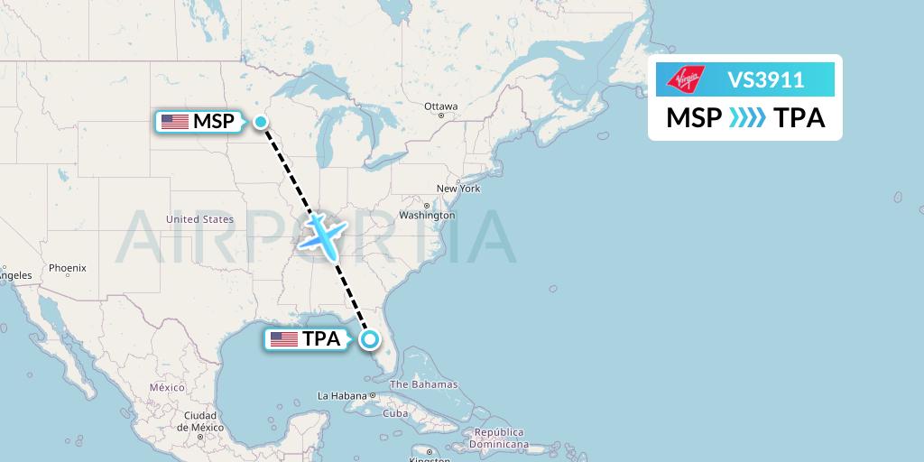 VS3911 Virgin Atlantic Airways Flight Map: Minneapolis to Tampa