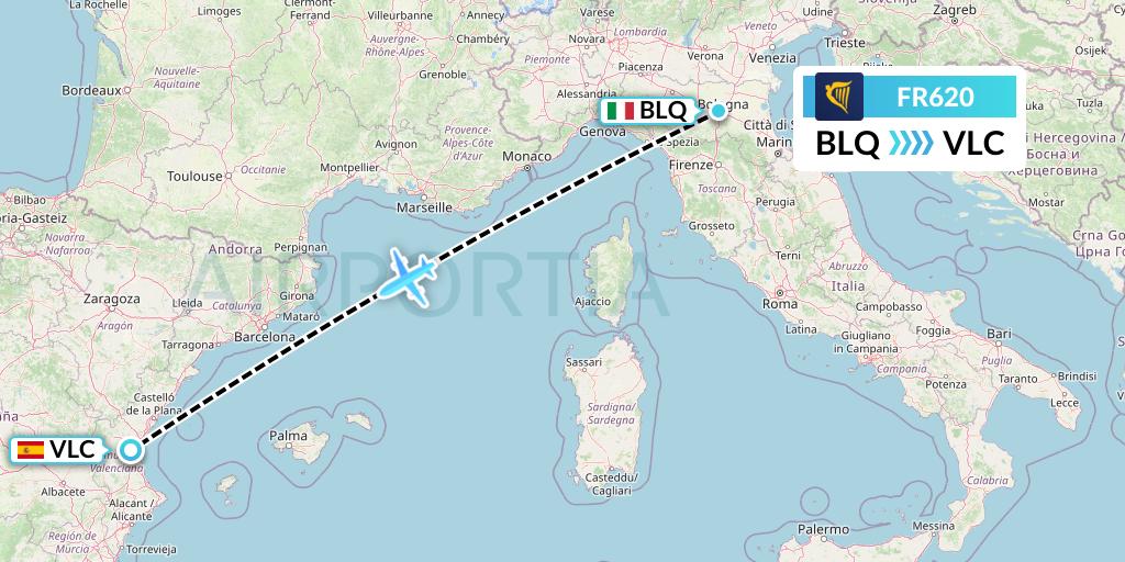 FR620 Ryanair Flight Map: Bologna to Valencia