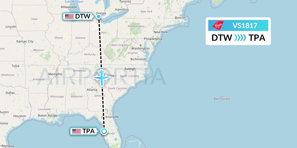 VS1817 Virgin Atlantic Airways Flight Map: Detroit to Tampa