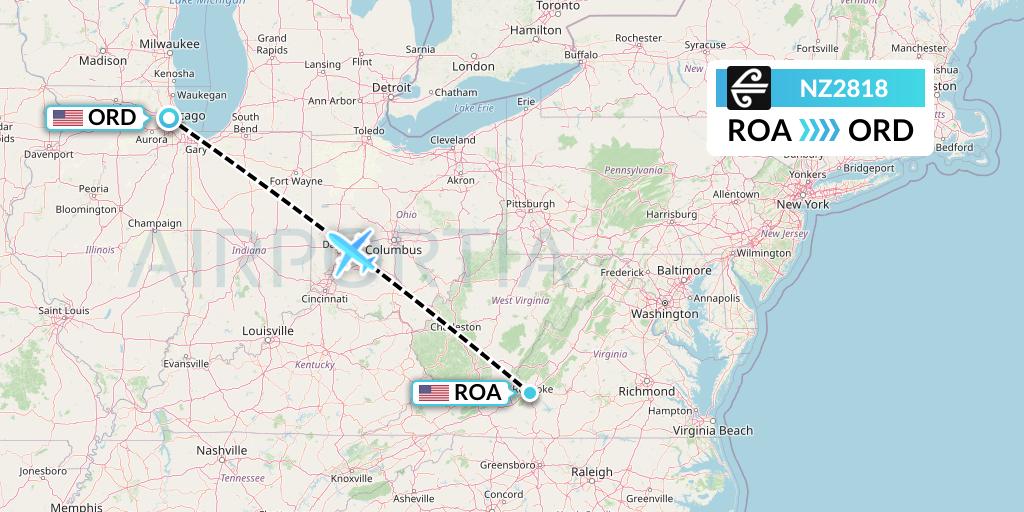 NZ2818 Air New Zealand Flight Map: Roanoke to Chicago