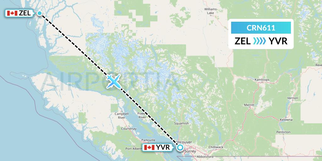 CRN611 Aerocaribbean Flight Map: Bella Bella to Vancouver