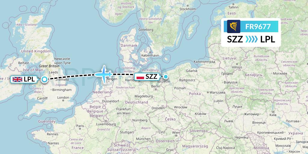 FR9677 Ryanair Flight Map: Szczecin to Liverpool