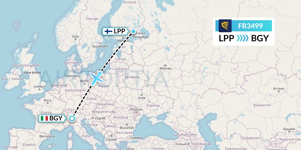 FR3499 Ryanair Flight Map: Lappeenranta to Milan