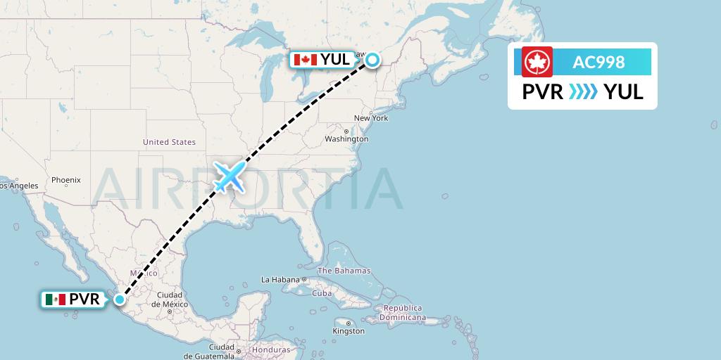 AC998 Air Canada Flight Map: Puerto Vallarta to Montreal
