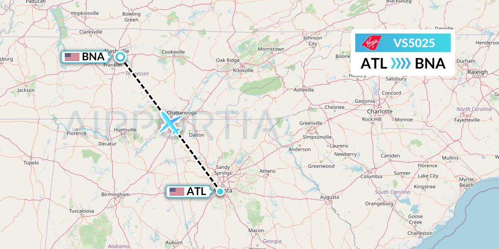 VS5025 Virgin Atlantic Airways Flight Map: Atlanta to Nashville
