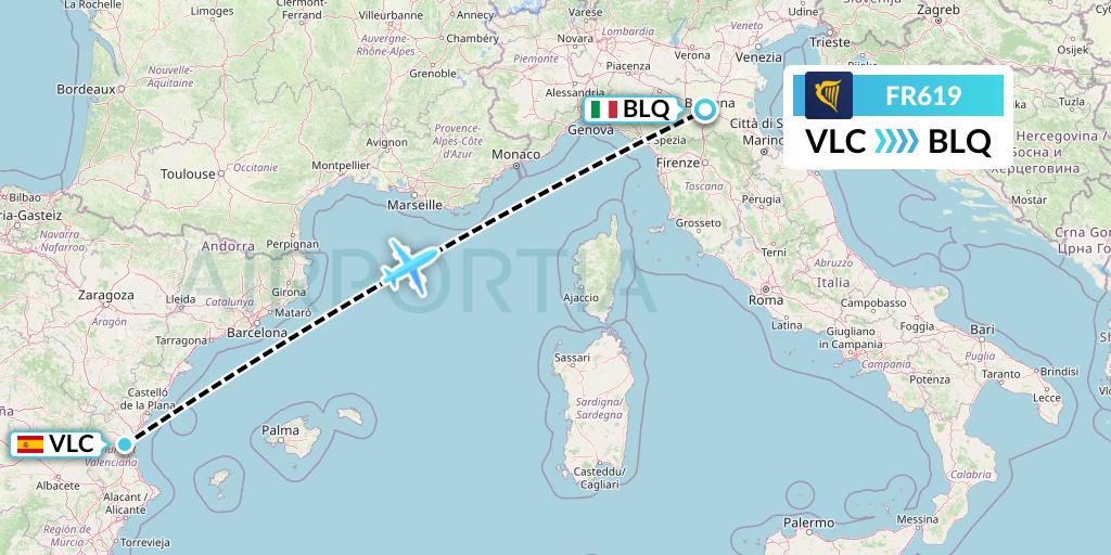 FR619 Ryanair Flight Map: Valencia to Bologna