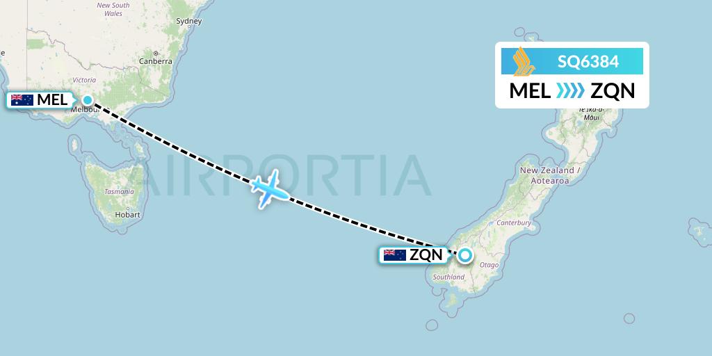 SQ6384 Singapore Airlines Flight Map: Melbourne to Queenstown