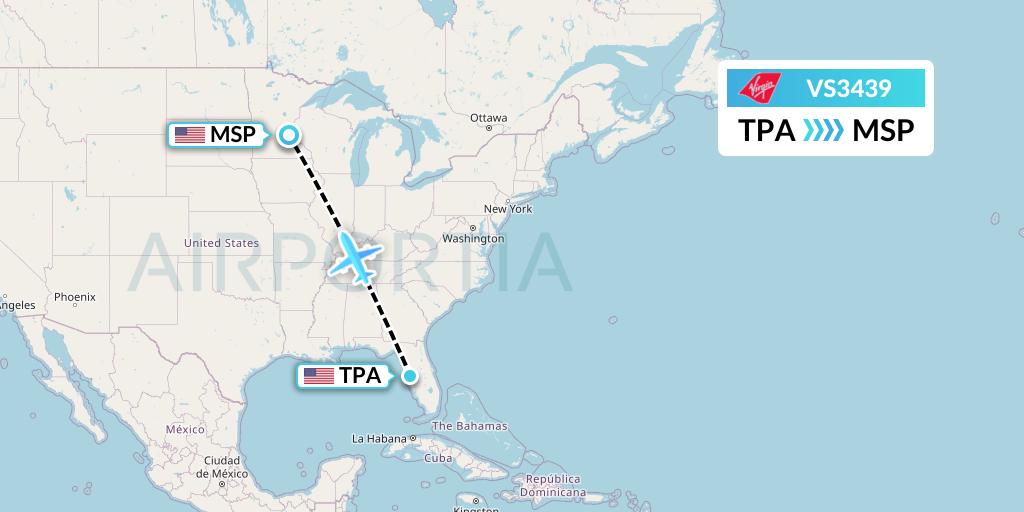 VS3439 Virgin Atlantic Airways Flight Map: Tampa to Minneapolis