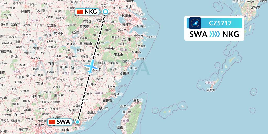 CZ5717 China Southern Airlines Flight Map: Jieyang to Nanjing