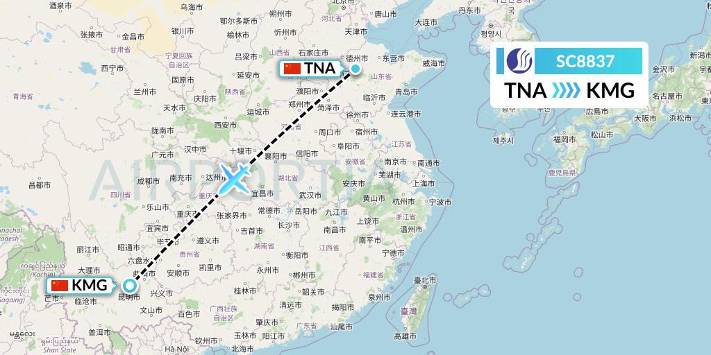SC8837 Shandong Airlines Flight Map: Jinan to Kunming