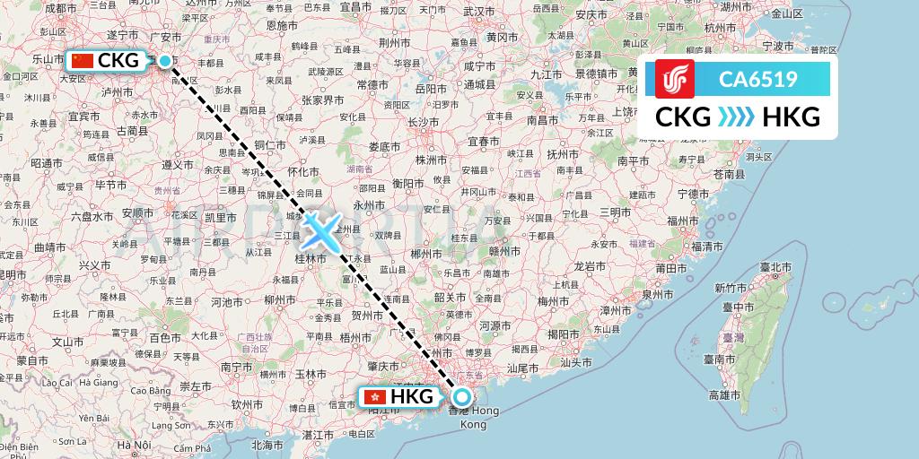 CA6519 Air China Flight Map: Chongqing to Hong Kong