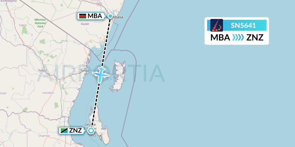SN5641 Brussels Airlines Flight Map: Mombasa to Zanzibar
