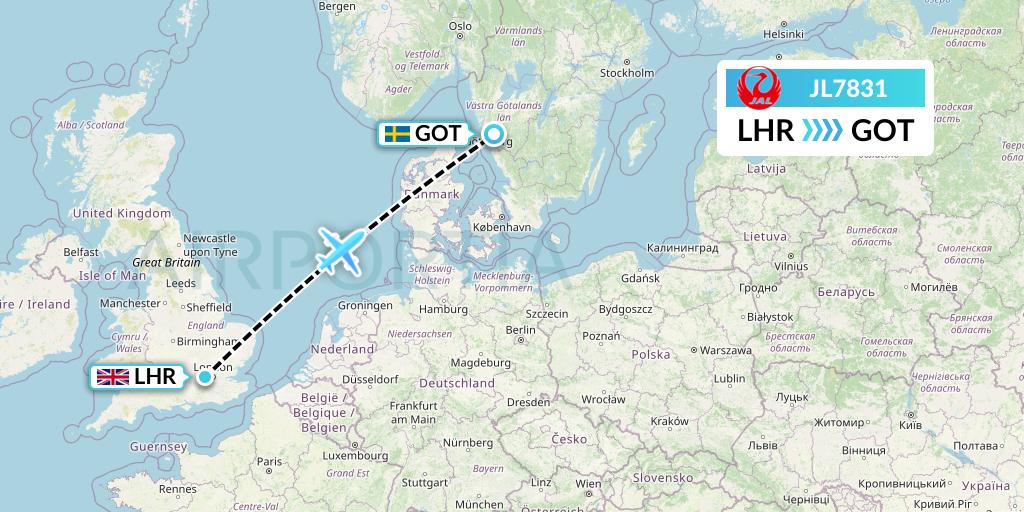 JL7831 Japan Airlines Flight Map: London to Gothenburg