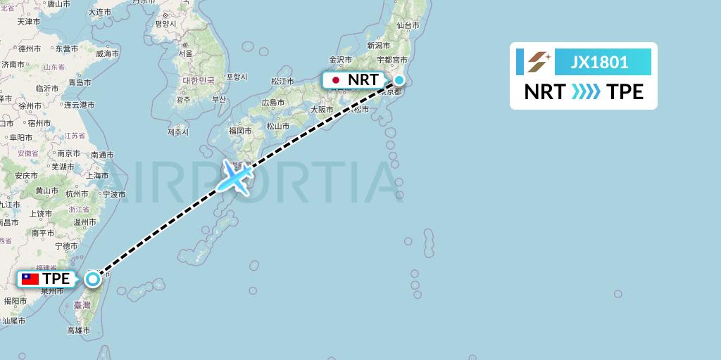 JX1801 Starlux Airlines Flight Map: Tokyo to Taipei