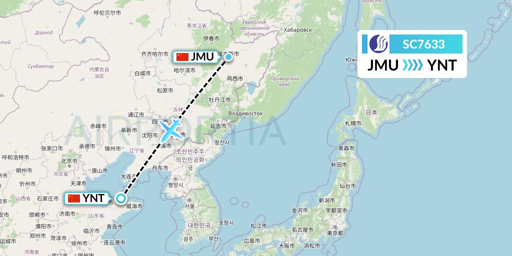 SC7633 Shandong Airlines Flight Map: Jiamusi to Yantai