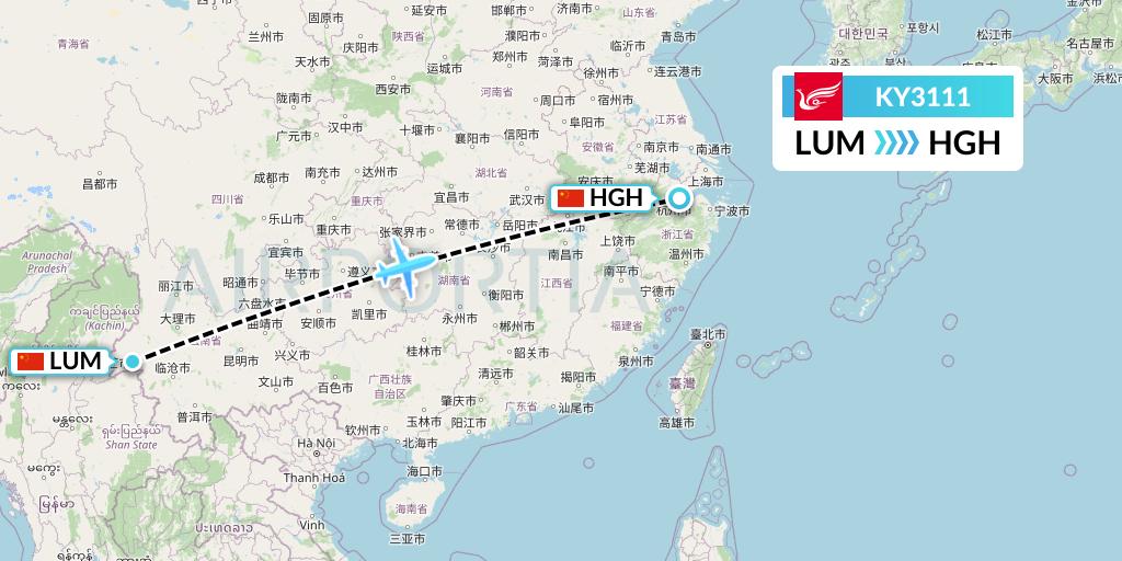 KY3111 Kunming Airlines Flight Map: Mangshi to Hangzhou