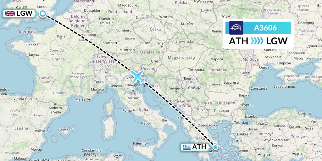 A3606 Aegean Airlines Flight Map: Athens to London
