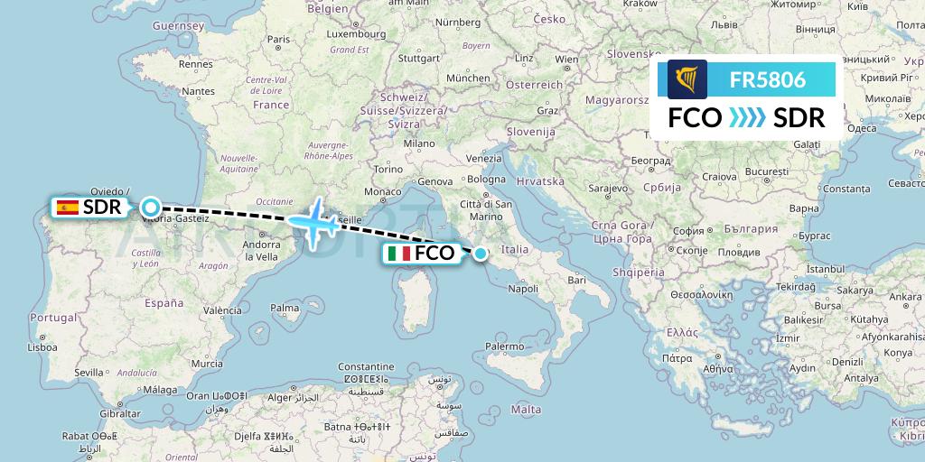 FR5806 Ryanair Flight Map: Rome to Santander