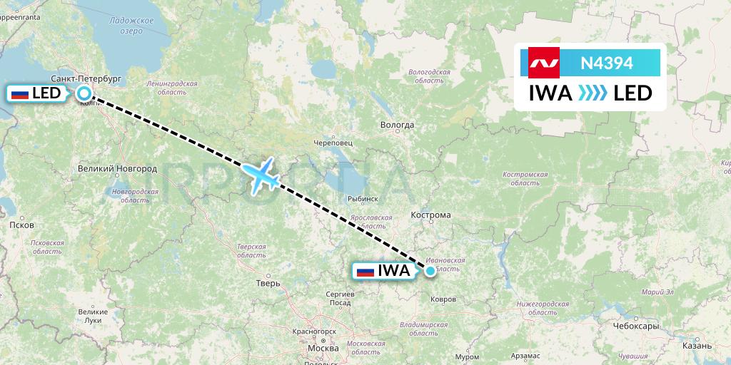 N4394 Nordwind Airlines Flight Map: Ivanovo to St. Petersburg