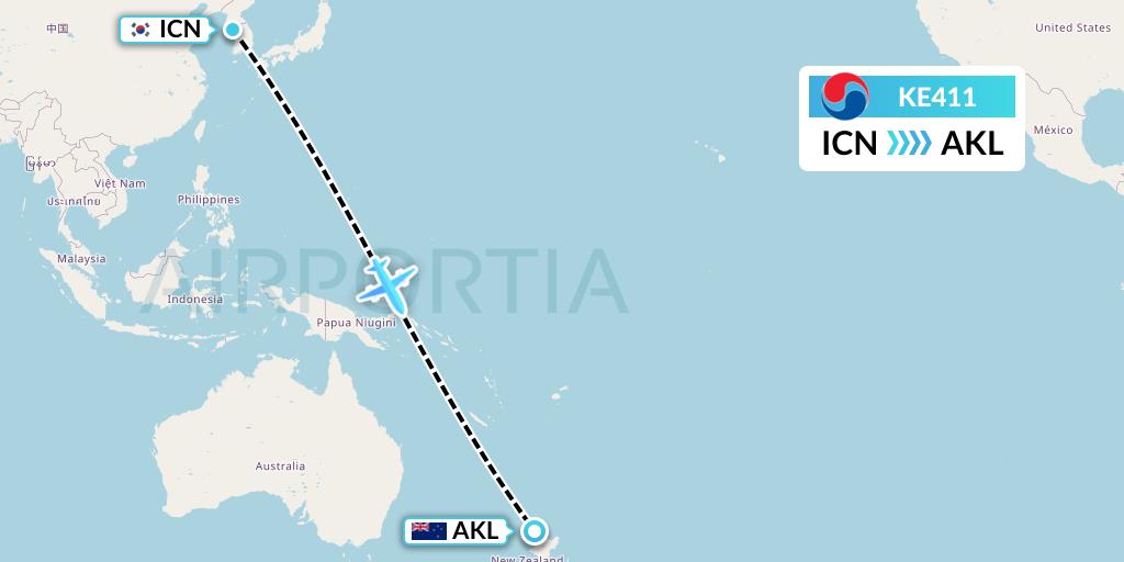 KE411 Korean Air Flight Map: Seoul to Auckland