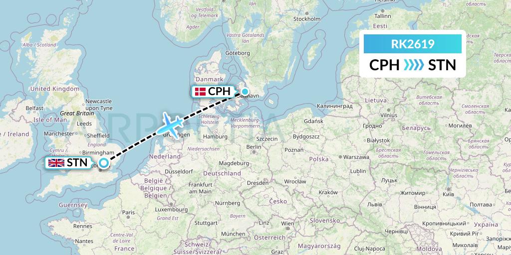 RK2619 Ryanair UK Flight Map: Copenhagen to London